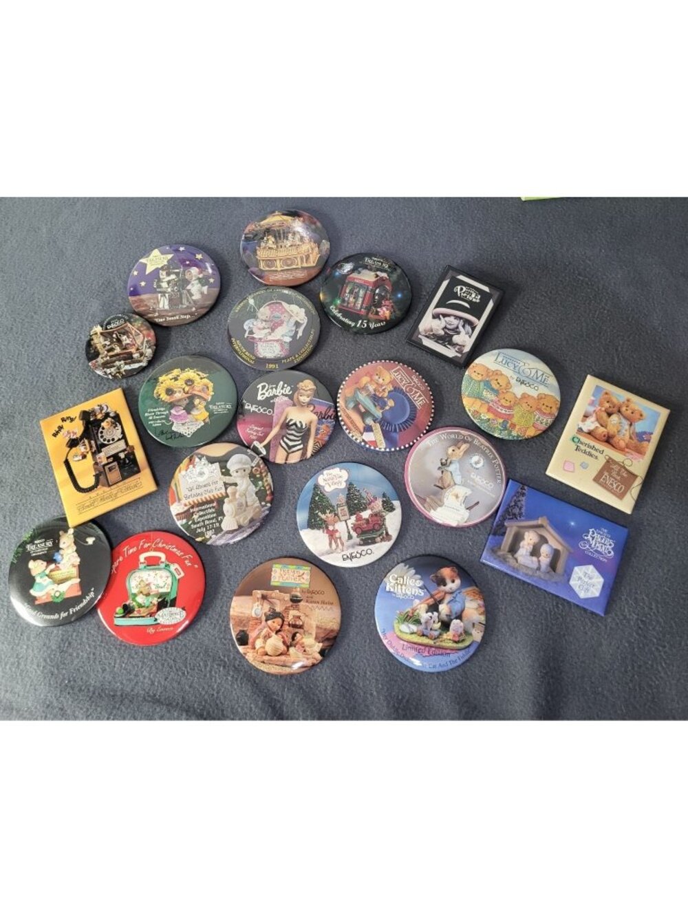 ENESCO VTG Lot of 20 Collectible Button Pinback Precious Moments, Barbie & More